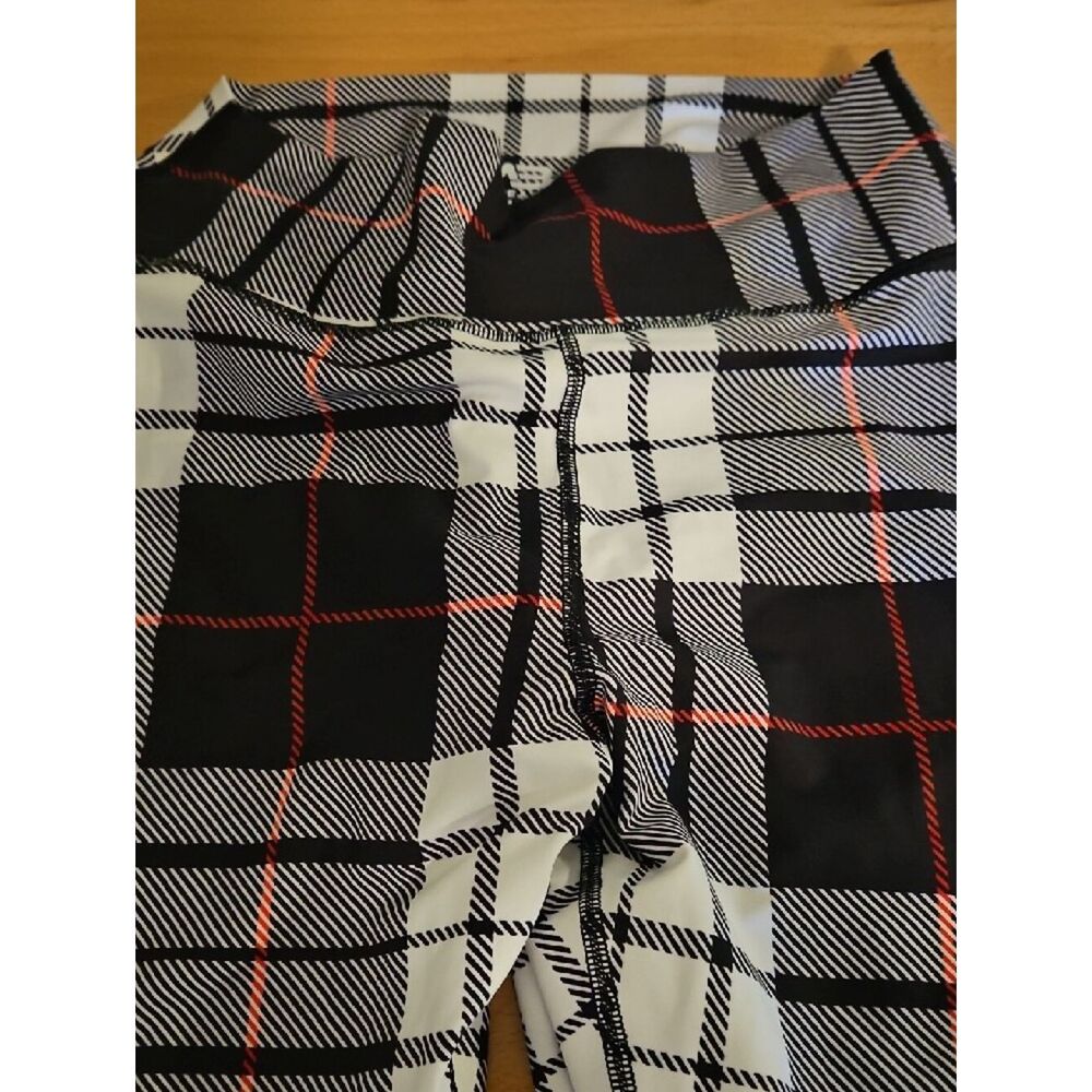 Minibeast XL Black & White Plaid Leggings with Red Stripe XL - Picture 3 of 7